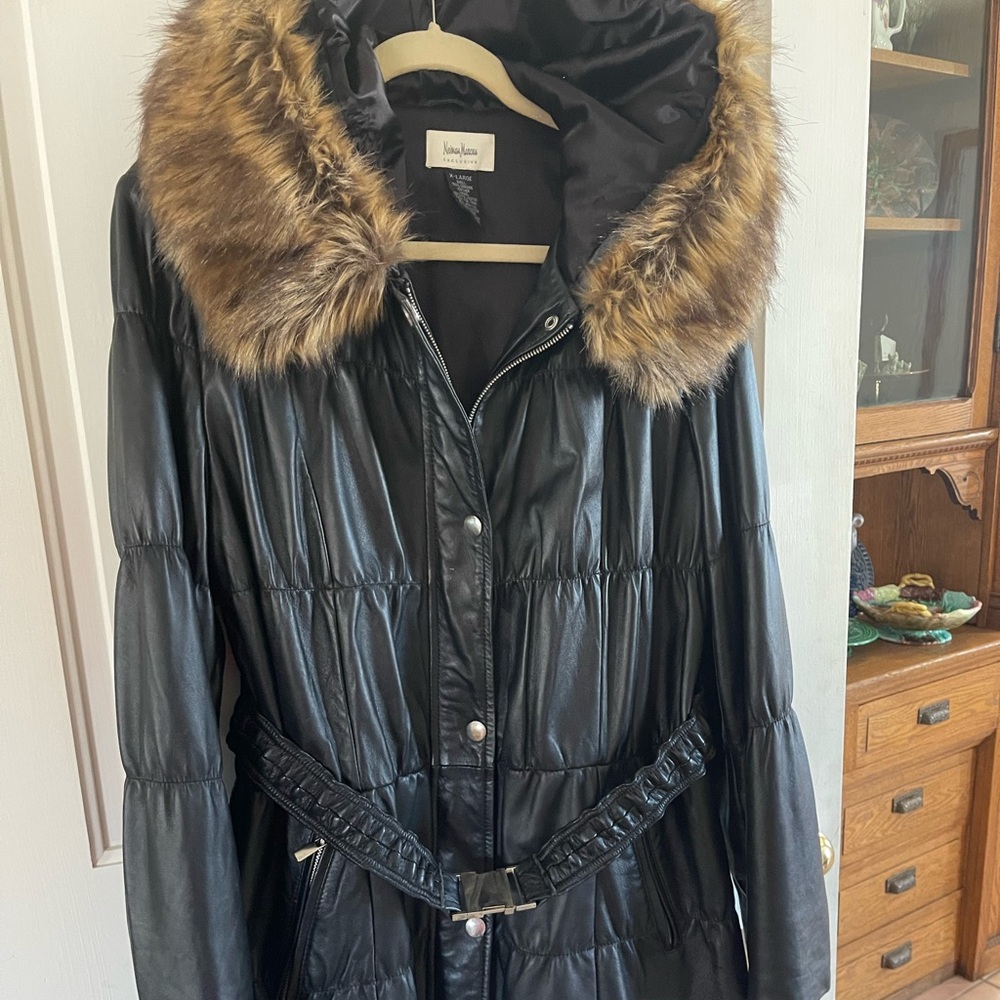 HUGE SALE!🍀🔥Neiman Marcus Black ALL LEATHER FUR HOODED JACKET XL